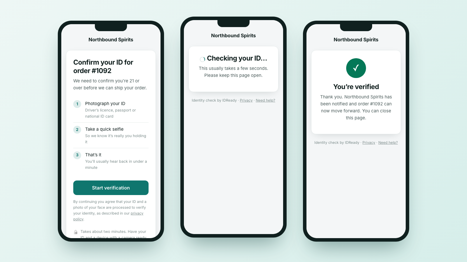 Three phone screens showing the customer verification flow